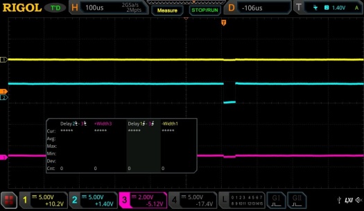 Oscilloscope screenshot showing no pulse on the yellow and magenta channels and an active low pulse on the cyan channel